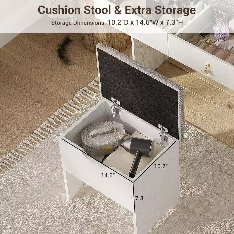 Makeup Vanity Set with Mirror and Lights, Modern Vanity Set with Hidden Storage Stool, 2 Large Drawers, 3-Tier Open Shelves, for Bedroom