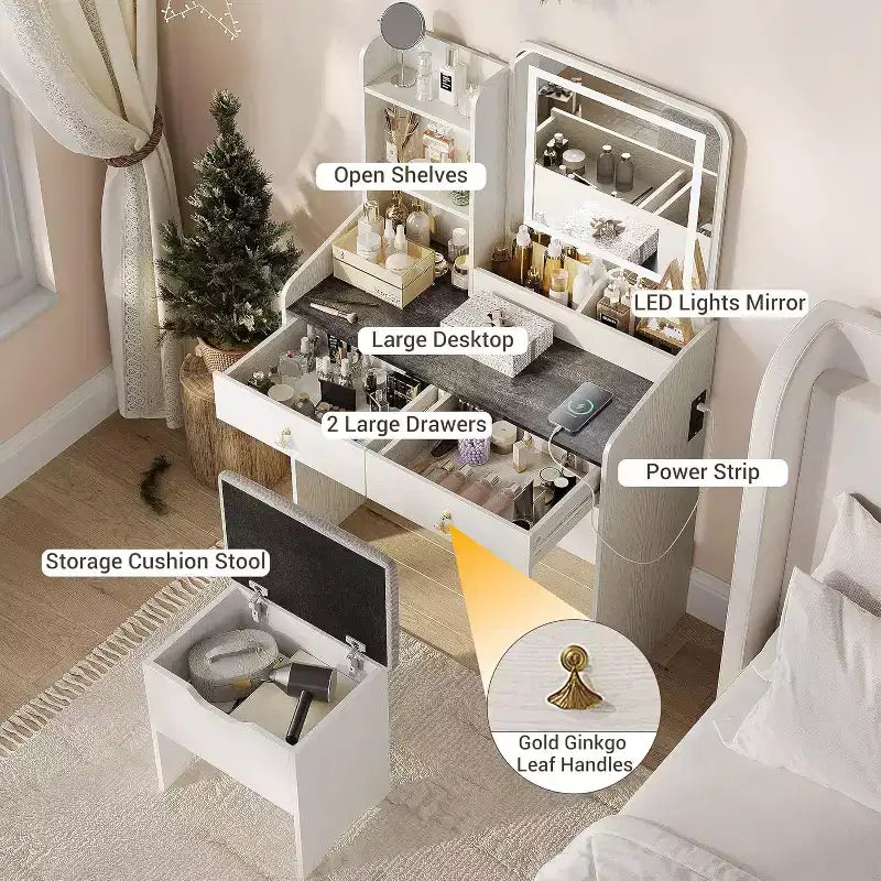 Makeup Vanity Set with Mirror and Lights, Modern Vanity Set with Hidden Storage Stool, 2 Large Drawers, 3-Tier Open Shelves, for Bedroom