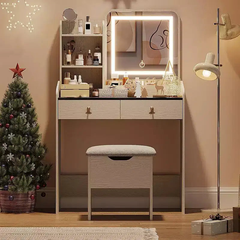 Makeup Vanity Set with Mirror and Lights, Modern Vanity Set with Hidden Storage Stool, 2 Large Drawers, 3-Tier Open Shelves, for Bedroom