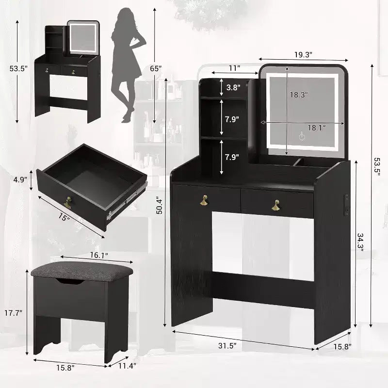 Makeup Vanity Set with Mirror and Lights, Modern Vanity Set with Hidden Storage Stool, 2 Large Drawers, 3-Tier Open Shelves, for Bedroom
