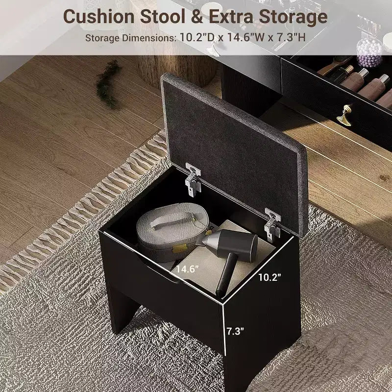 Makeup Vanity Set with Mirror and Lights, Modern Vanity Set with Hidden Storage Stool, 2 Large Drawers, 3-Tier Open Shelves, for Bedroom