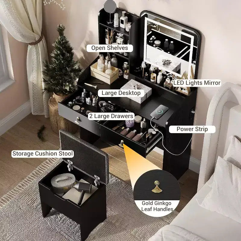 Makeup Vanity Set with Mirror and Lights, Modern Vanity Set with Hidden Storage Stool, 2 Large Drawers, 3-Tier Open Shelves, for Bedroom