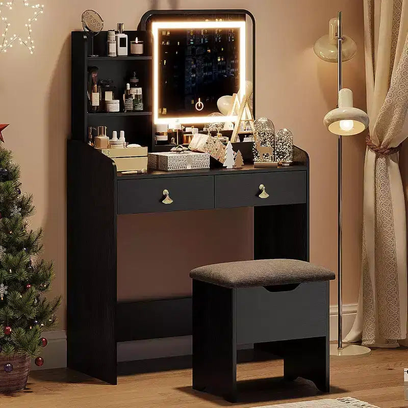 Makeup Vanity Set with Mirror and Lights, Modern Vanity Set with Hidden Storage Stool, 2 Large Drawers, 3-Tier Open Shelves, for Bedroom