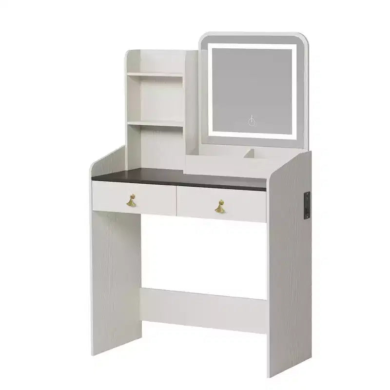 Makeup Vanity Set with Mirror and Lights, Modern Vanity Set with Hidden Storage Stool, 2 Large Drawers, 3-Tier Open Shelves, for Bedroom
