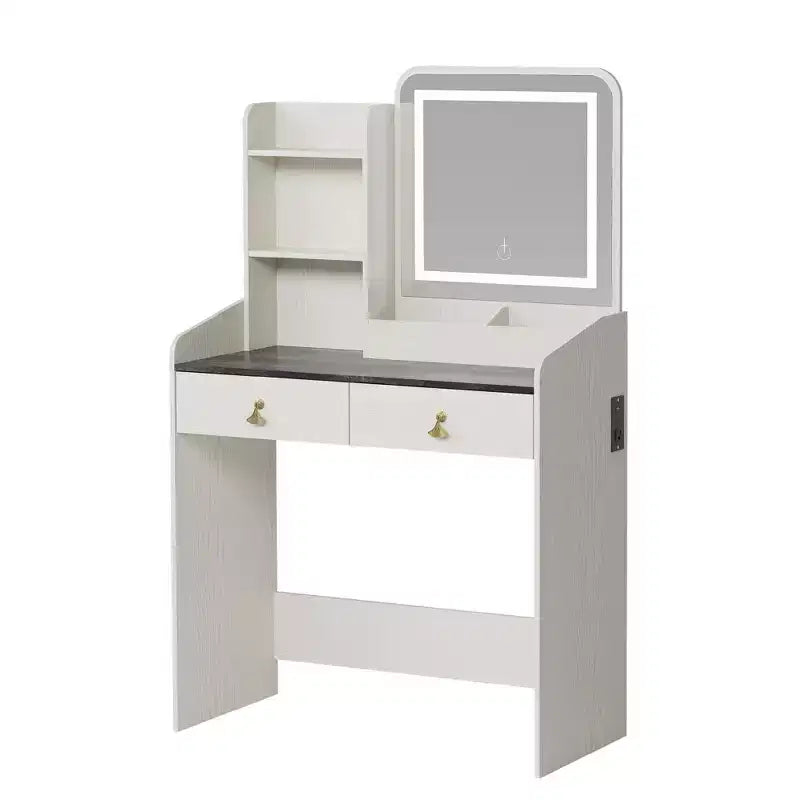 Makeup Vanity Set with Mirror and Lights, Modern Vanity Set with Hidden Storage Stool, 2 Large Drawers, 3-Tier Open Shelves, for Bedroom