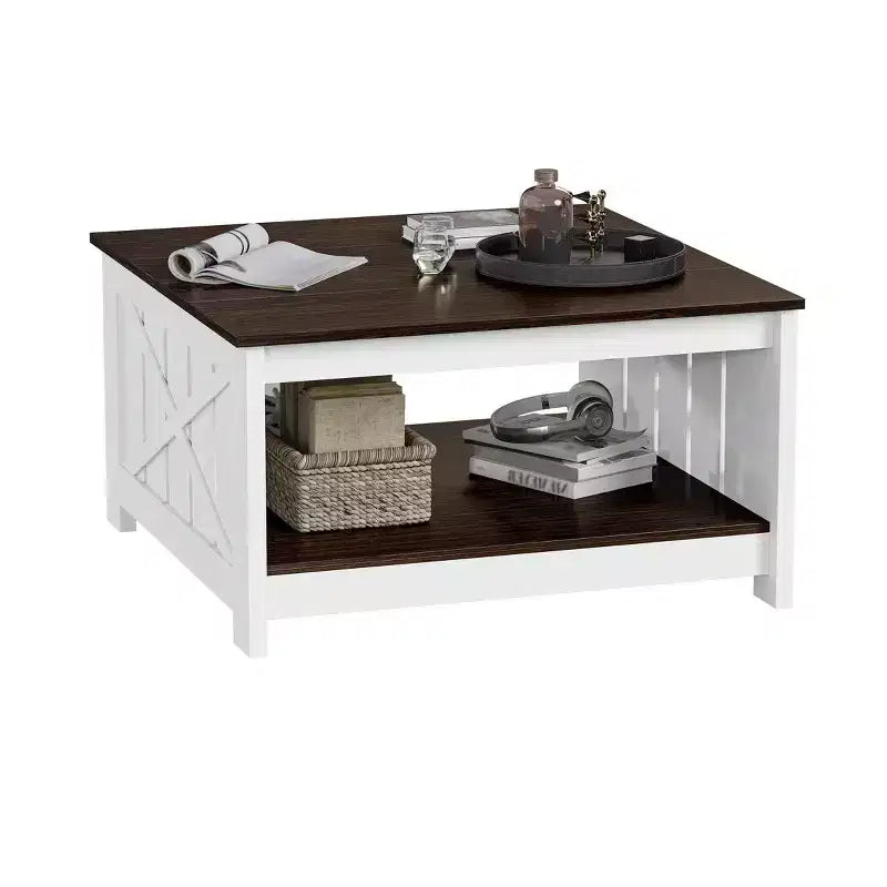 Coffee Table With Storage Farmhouse Coffee Table Wood Cocktail Table Square Living Room Table With Half Open Storage Compartment