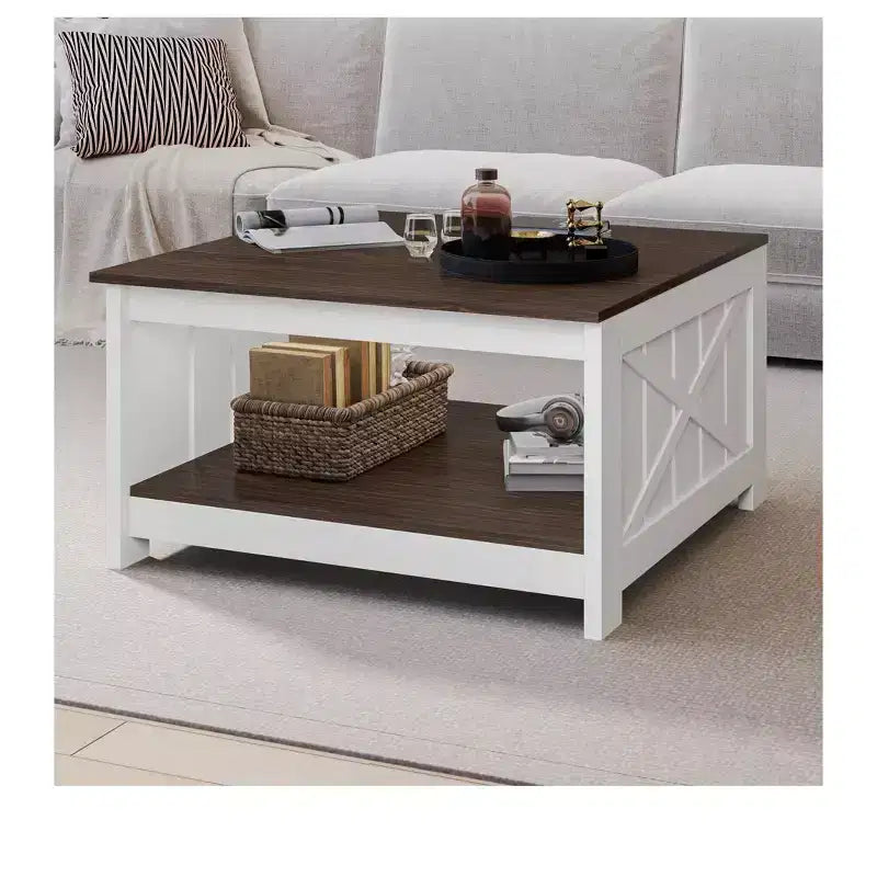 Coffee Table With Storage Farmhouse Coffee Table Wood Cocktail Table Square Living Room Table With Half Open Storage Compartment