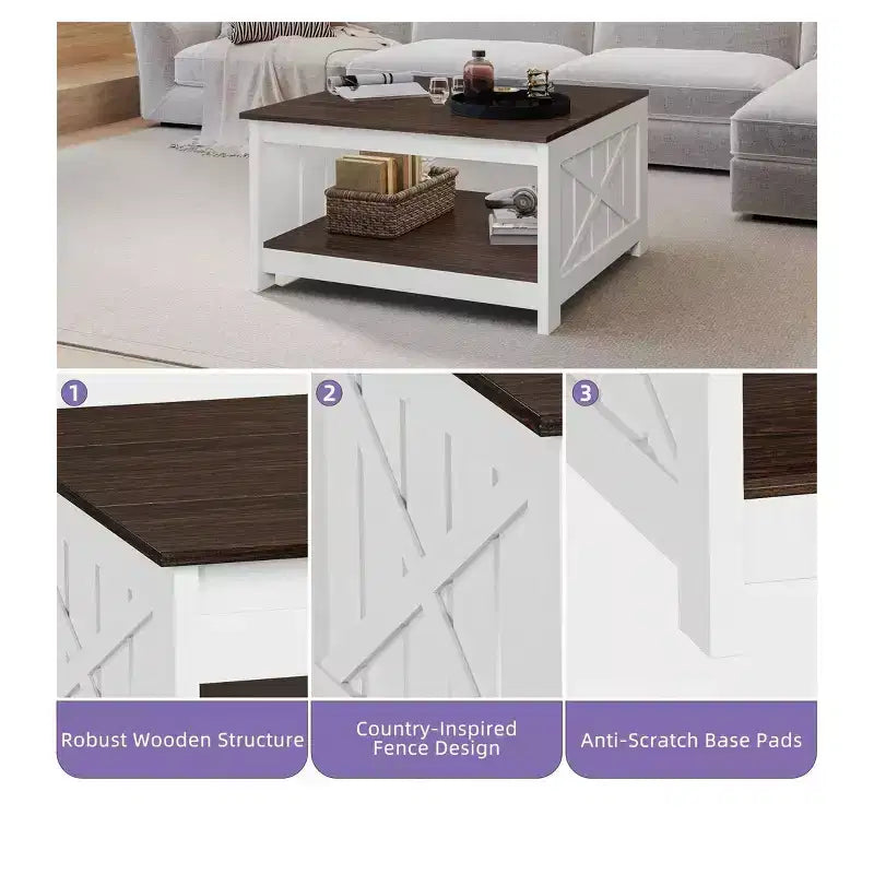 Coffee Table With Storage Farmhouse Coffee Table Wood Cocktail Table Square Living Room Table With Half Open Storage Compartment