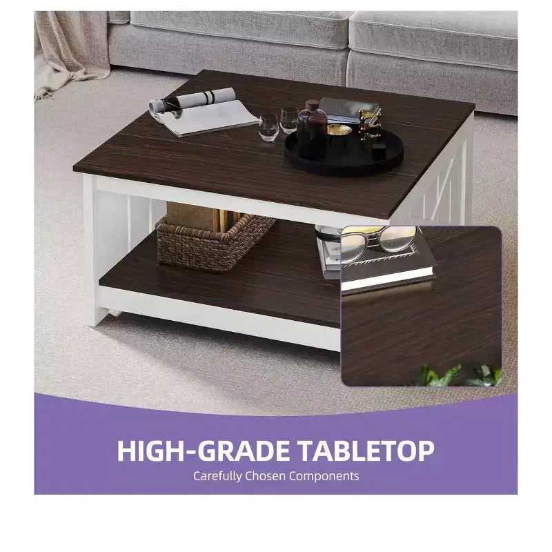 Coffee Table With Storage Farmhouse Coffee Table Wood Cocktail Table Square Living Room Table With Half Open Storage Compartment