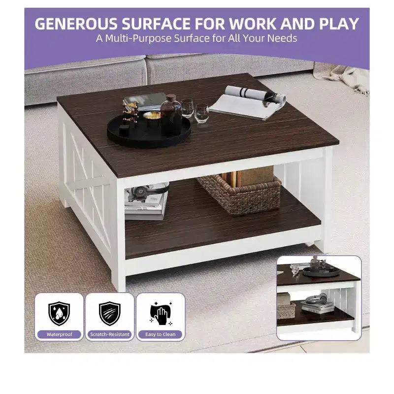 Coffee Table With Storage Farmhouse Coffee Table Wood Cocktail Table Square Living Room Table With Half Open Storage Compartment