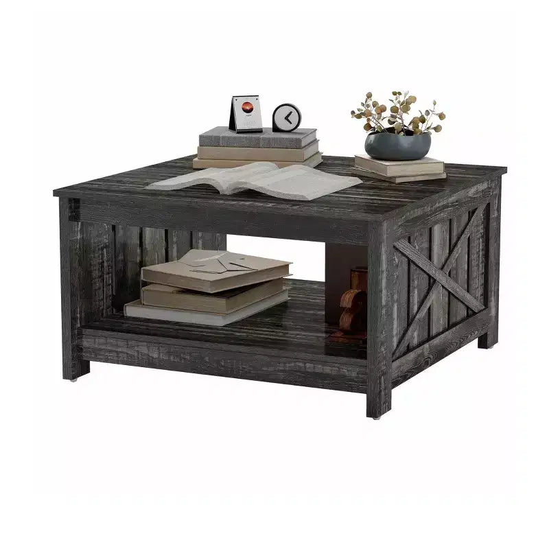 Coffee Table With Storage Farmhouse Coffee Table Wood Cocktail Table Square Living Room Table With Half Open Storage Compartment
