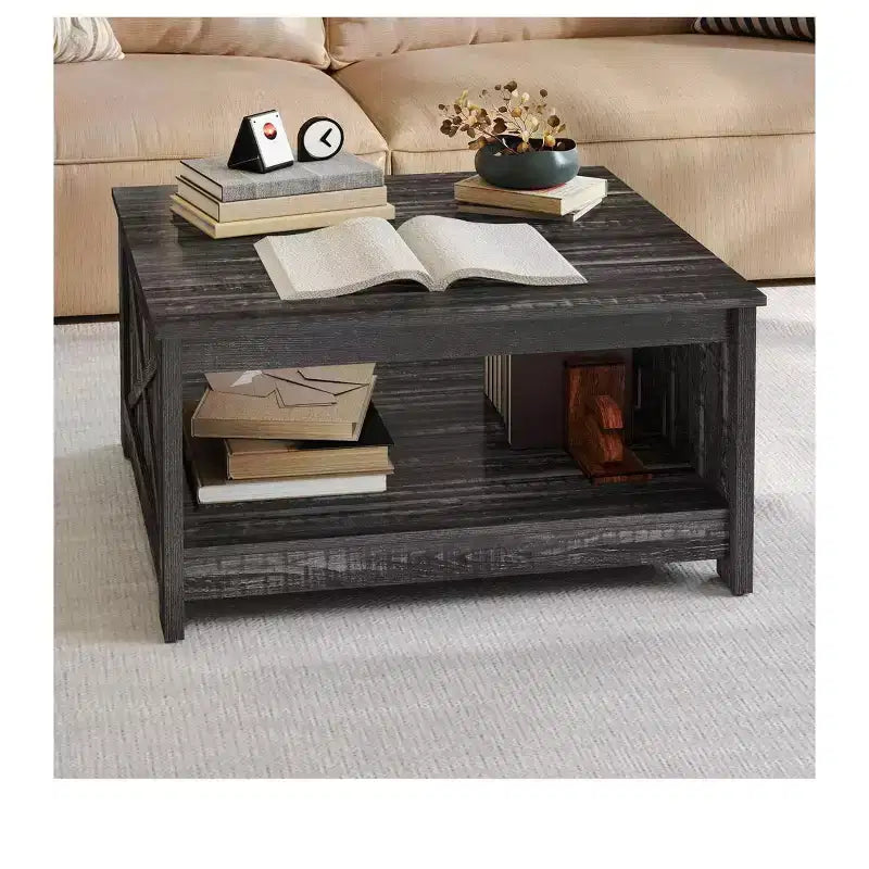 Coffee Table With Storage Farmhouse Coffee Table Wood Cocktail Table Square Living Room Table With Half Open Storage Compartment