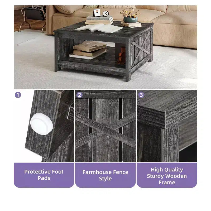Coffee Table With Storage Farmhouse Coffee Table Wood Cocktail Table Square Living Room Table With Half Open Storage Compartment