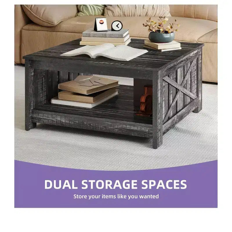 Coffee Table With Storage Farmhouse Coffee Table Wood Cocktail Table Square Living Room Table With Half Open Storage Compartment