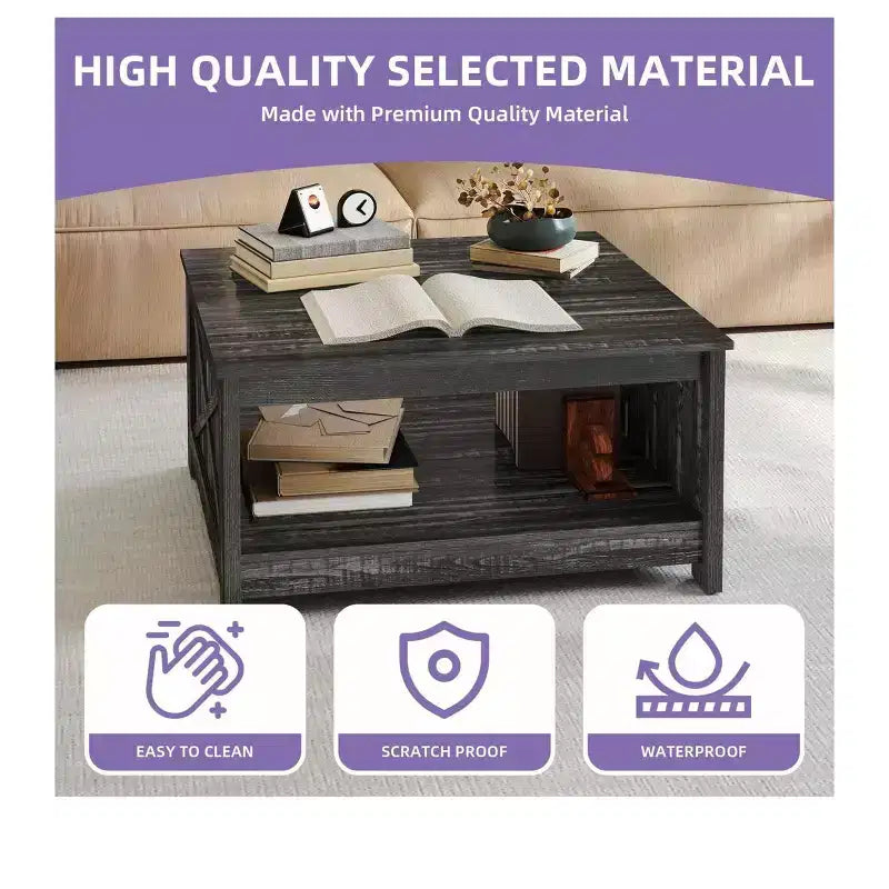Coffee Table With Storage Farmhouse Coffee Table Wood Cocktail Table Square Living Room Table With Half Open Storage Compartment