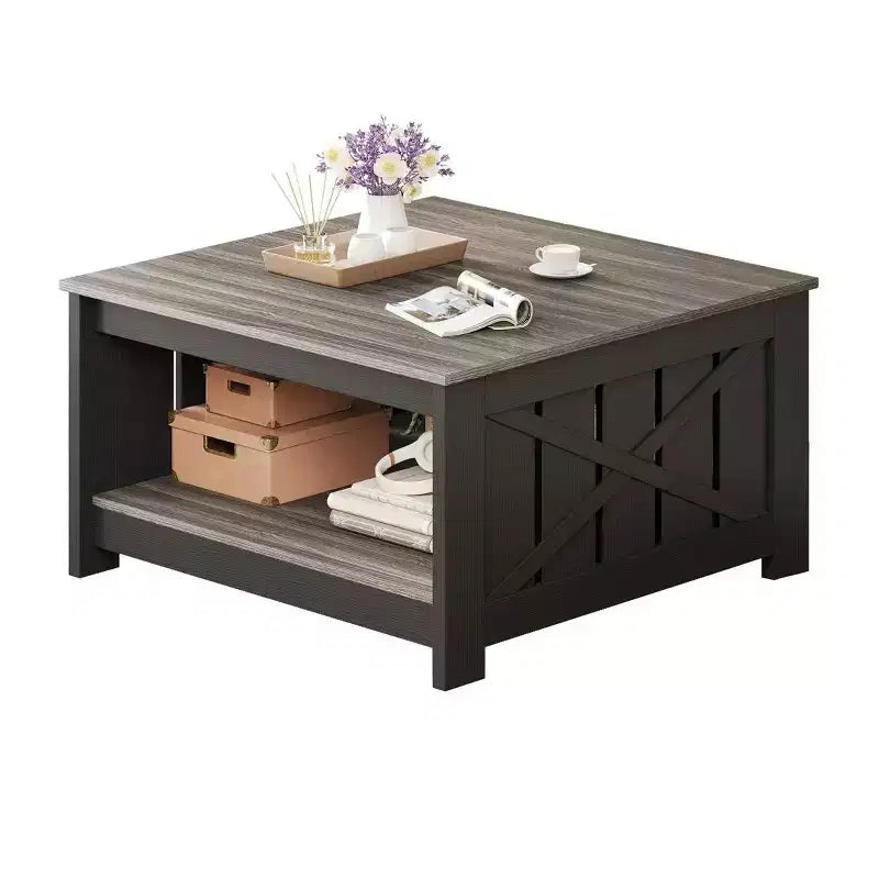 Coffee Table With Storage Farmhouse Coffee Table Wood Cocktail Table Square Living Room Table With Half Open Storage Compartment