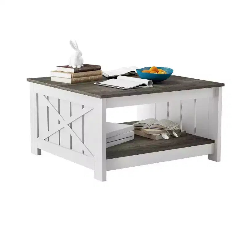 Coffee Table With Storage Farmhouse Coffee Table Wood Cocktail Table Square Living Room Table With Half Open Storage Compartment