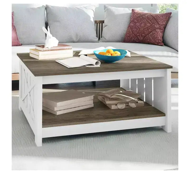 Coffee Table With Storage Farmhouse Coffee Table Wood Cocktail Table Square Living Room Table With Half Open Storage Compartment