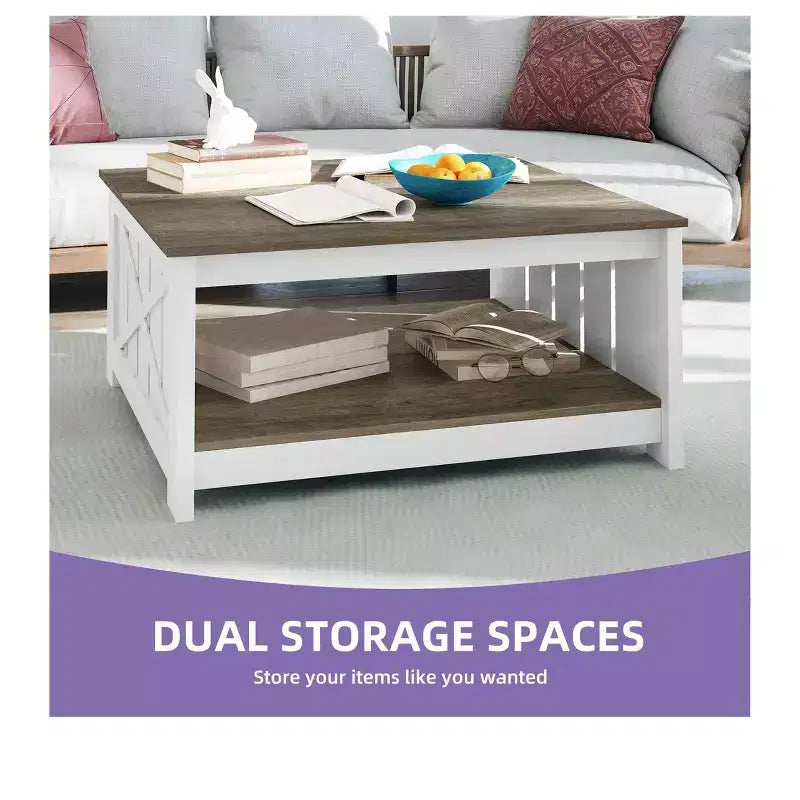 Coffee Table With Storage Farmhouse Coffee Table Wood Cocktail Table Square Living Room Table With Half Open Storage Compartment