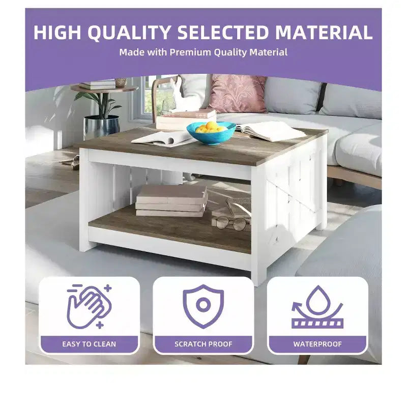 Coffee Table With Storage Farmhouse Coffee Table Wood Cocktail Table Square Living Room Table With Half Open Storage Compartment