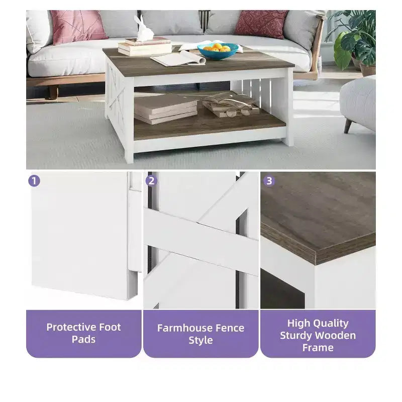 Coffee Table With Storage Farmhouse Coffee Table Wood Cocktail Table Square Living Room Table With Half Open Storage Compartment