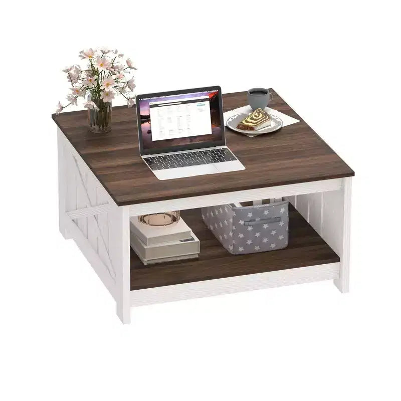 Coffee Table With Storage Farmhouse Coffee Table Wood Cocktail Table Square Living Room Table With Half Open Storage Compartment