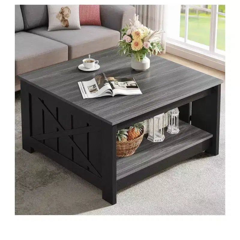 Coffee Table With Storage Farmhouse Coffee Table Wood Cocktail Table Square Living Room Table With Half Open Storage Compartment
