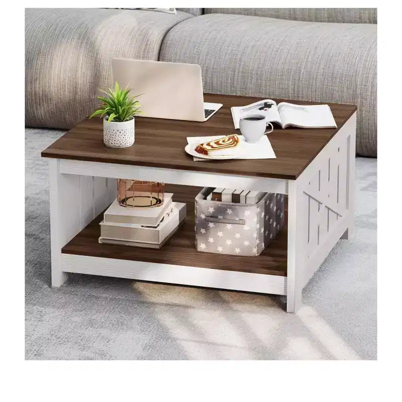 Coffee Table With Storage Farmhouse Coffee Table Wood Cocktail Table Square Living Room Table With Half Open Storage Compartment