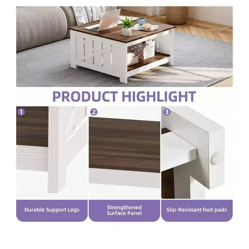 Coffee Table With Storage Farmhouse Coffee Table Wood Cocktail Table Square Living Room Table With Half Open Storage Compartment