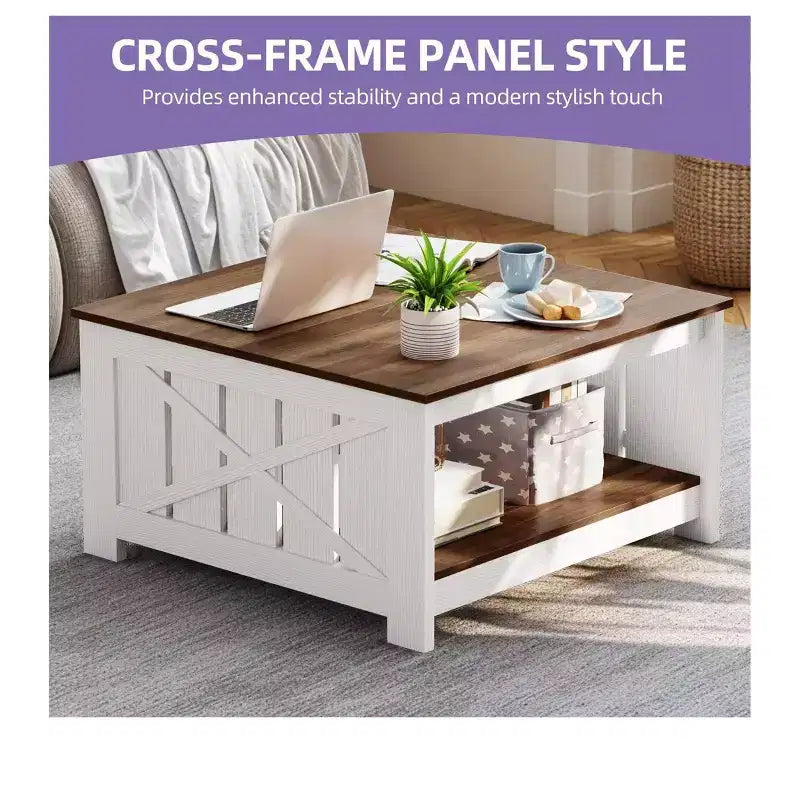 Coffee Table With Storage Farmhouse Coffee Table Wood Cocktail Table Square Living Room Table With Half Open Storage Compartment
