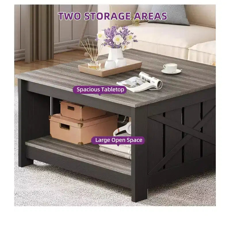 Coffee Table With Storage Farmhouse Coffee Table Wood Cocktail Table Square Living Room Table With Half Open Storage Compartment