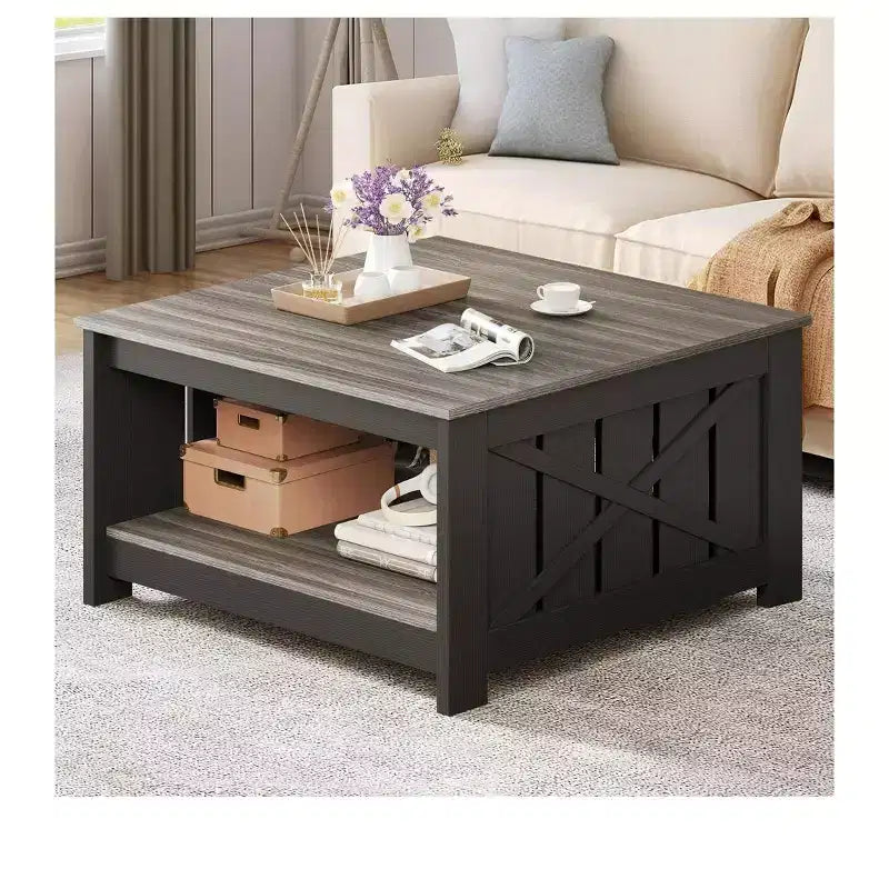 Coffee Table With Storage Farmhouse Coffee Table Wood Cocktail Table Square Living Room Table With Half Open Storage Compartment