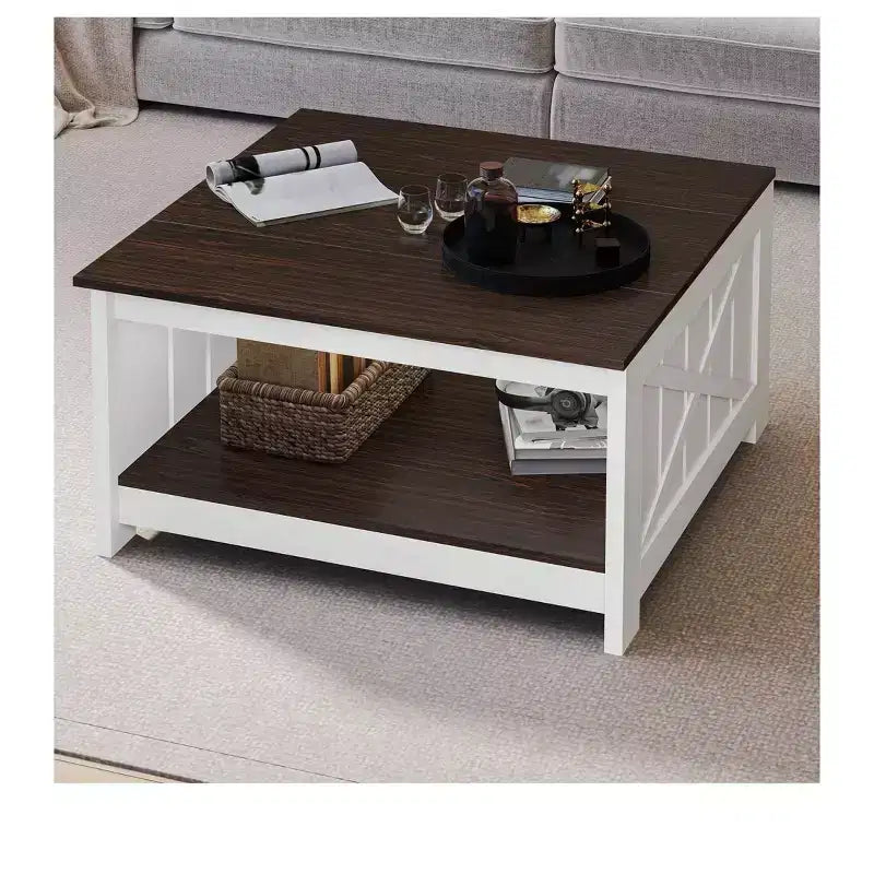 Coffee Table With Storage Farmhouse Coffee Table Wood Cocktail Table Square Living Room Table With Half Open Storage Compartment