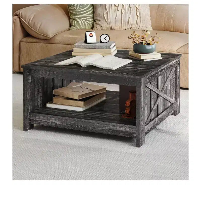 Coffee Table With Storage Farmhouse Coffee Table Wood Cocktail Table Square Living Room Table With Half Open Storage Compartment