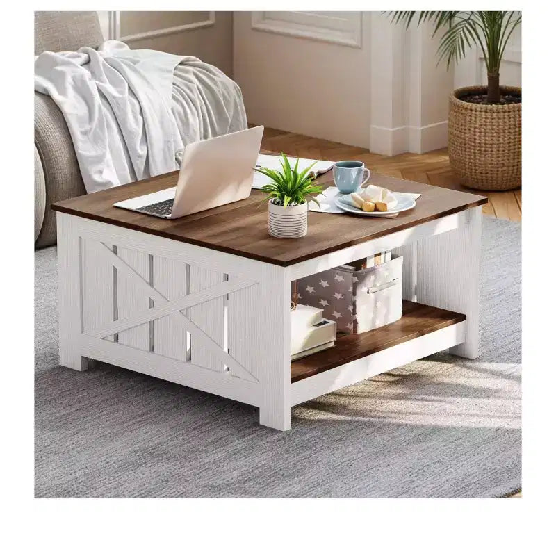 Coffee Table With Storage Farmhouse Coffee Table Wood Cocktail Table Square Living Room Table With Half Open Storage Compartment