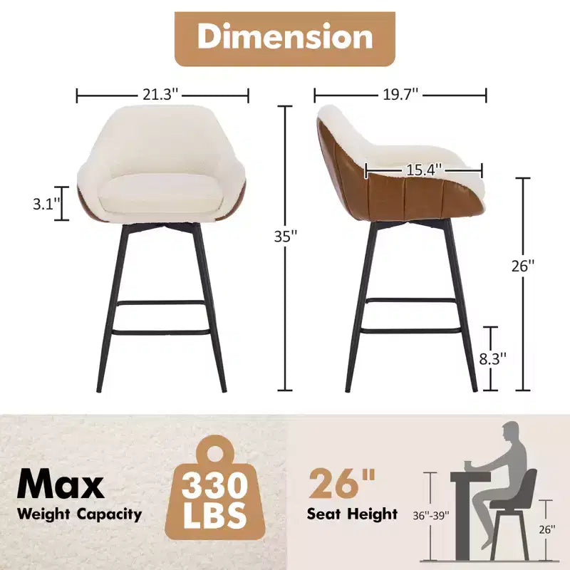Counter Height Bar Chair with Backs and Armrests, 360 Swivel for Home Bar Pubs