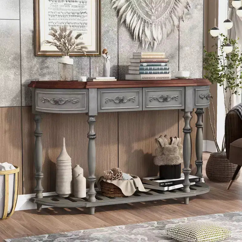 52IN Vintage Curved Console Table with Exquisite Carvings, Entryway Table with 4 Drawers and 1 Shelf, Accent Table for Living Room, Gray