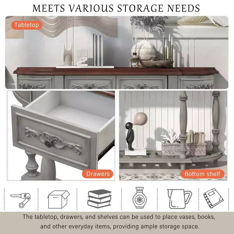 52IN Vintage Curved Console Table with Exquisite Carvings, Entryway Table with 4 Drawers and 1 Shelf, Accent Table for Living Room, Gray