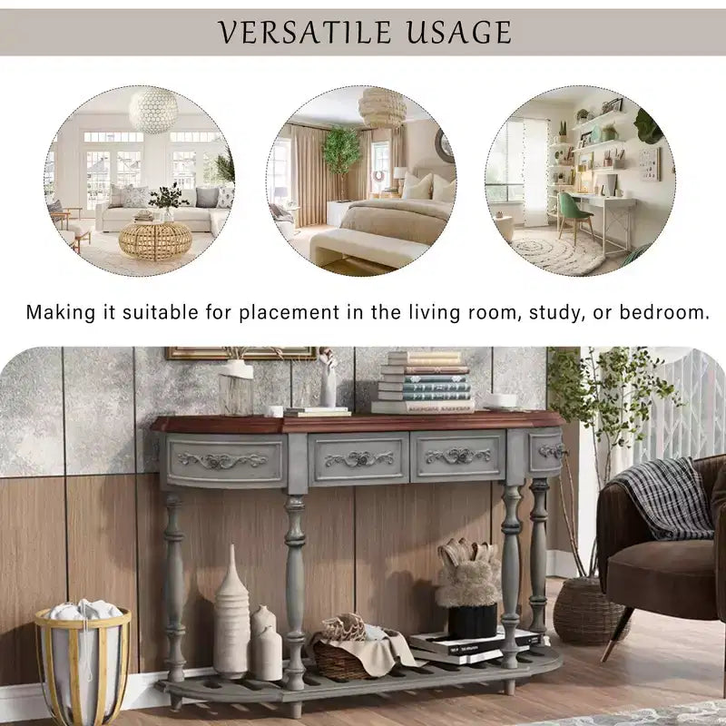 52IN Vintage Curved Console Table with Exquisite Carvings, Entryway Table with 4 Drawers and 1 Shelf, Accent Table for Living Room, Gray
