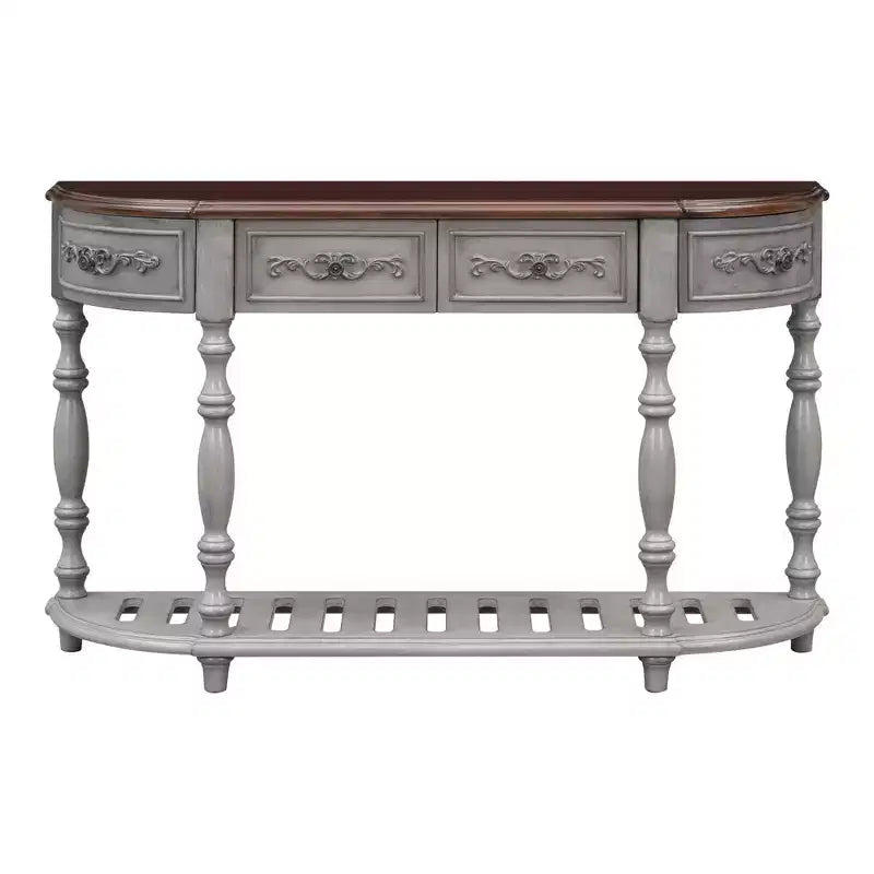 52IN Vintage Curved Console Table with Exquisite Carvings, Entryway Table with 4 Drawers and 1 Shelf, Accent Table for Living Room, Gray