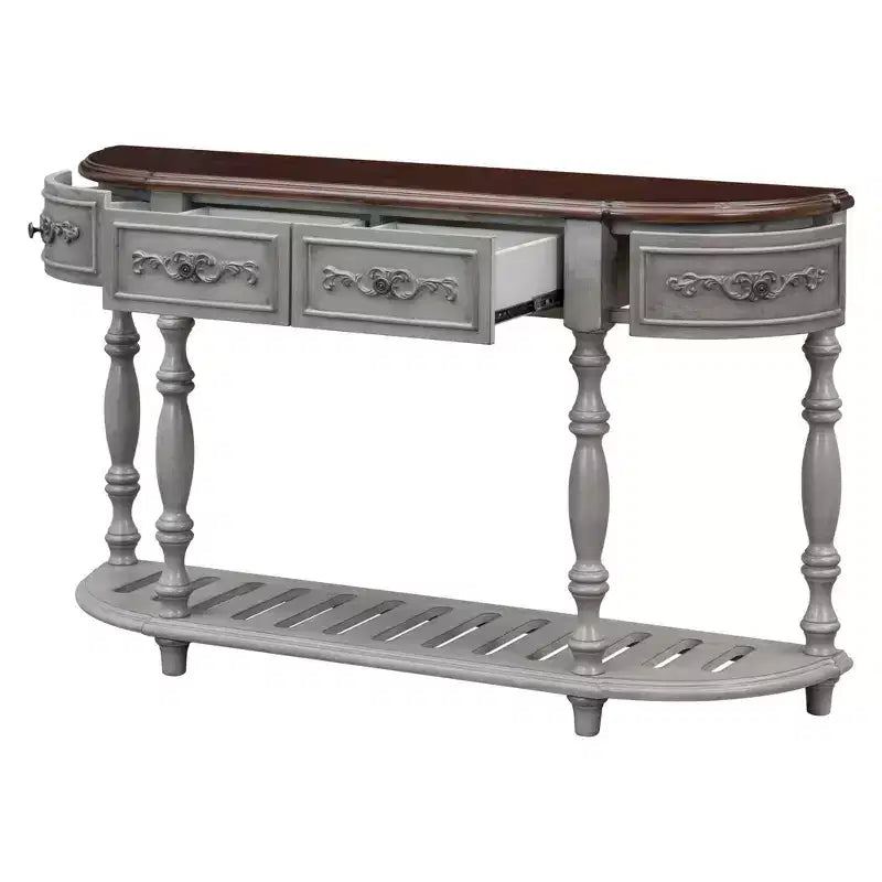 52IN Vintage Curved Console Table with Exquisite Carvings, Entryway Table with 4 Drawers and 1 Shelf, Accent Table for Living Room, Gray