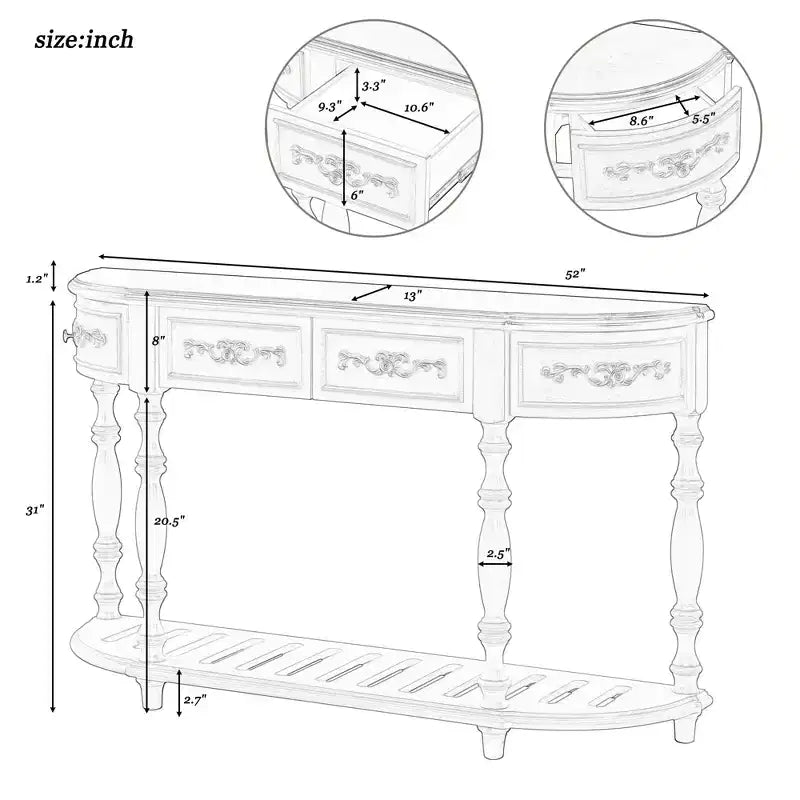 52IN Vintage Curved Console Table with Exquisite Carvings, Entryway Table with 4 Drawers and 1 Shelf, Accent Table for Living Room, Gray