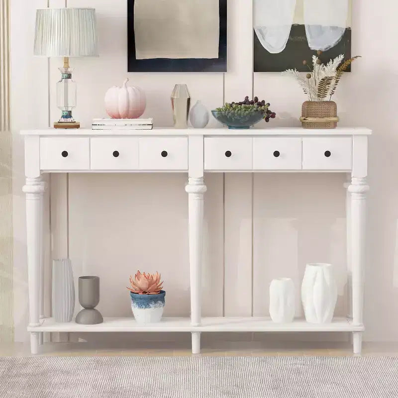 Okak 59.8IN Retro Entryway Table with 4 Drawers, Narrow Console Table with Open Shelves, Hallway Table for Living Room, Foyer, White