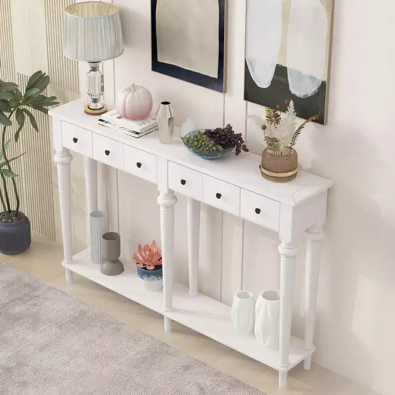 59.8IN Retro Entryway Table with 4 Drawers, Narrow Console Table with Open Shelves, Hallway Table for Living Room, Foyer, White