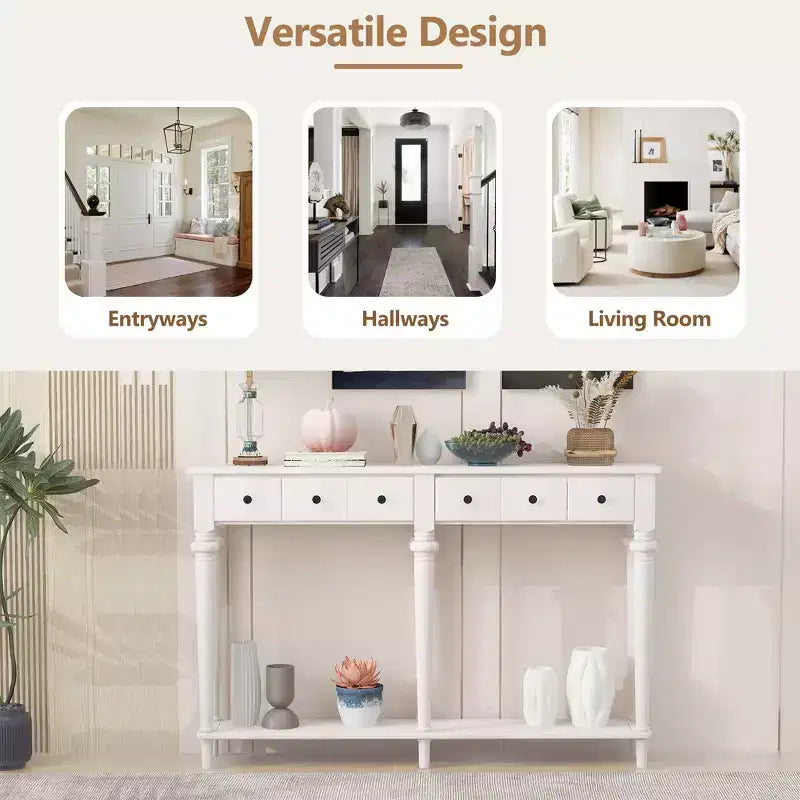 59.8IN Retro Entryway Table with 4 Drawers, Narrow Console Table with Open Shelves, Hallway Table for Living Room, Foyer, White