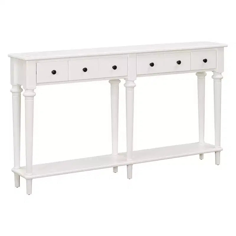 59.8IN Retro Entryway Table with 4 Drawers, Narrow Console Table with Open Shelves, Hallway Table for Living Room, Foyer, White