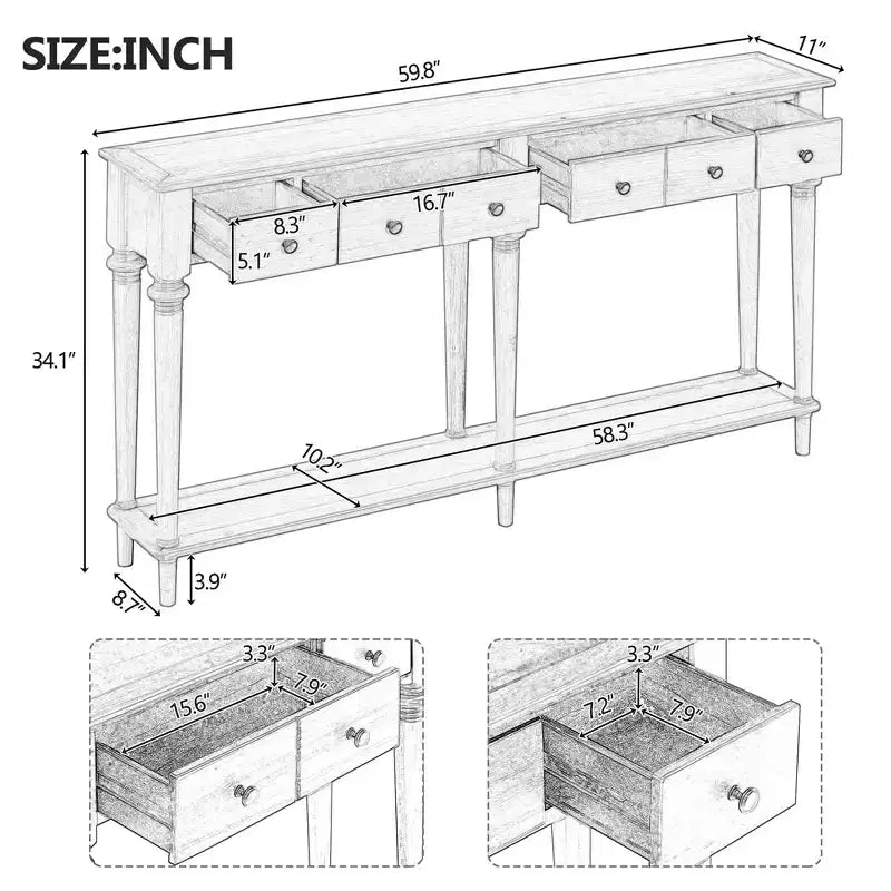 59.8IN Retro Entryway Table with 4 Drawers, Narrow Console Table with Open Shelves, Hallway Table for Living Room, Foyer, White