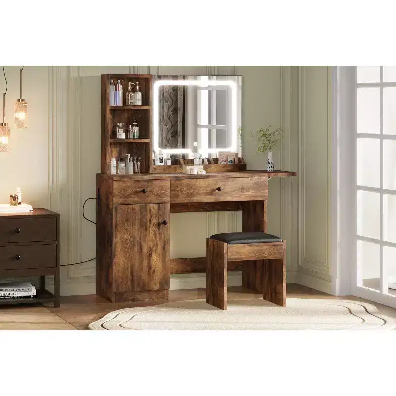 Makeup Vanity Desk with Mirror and Lights, Vanity Table Set with Drawer Chair & 3 Shelves, Bedroom, Brown