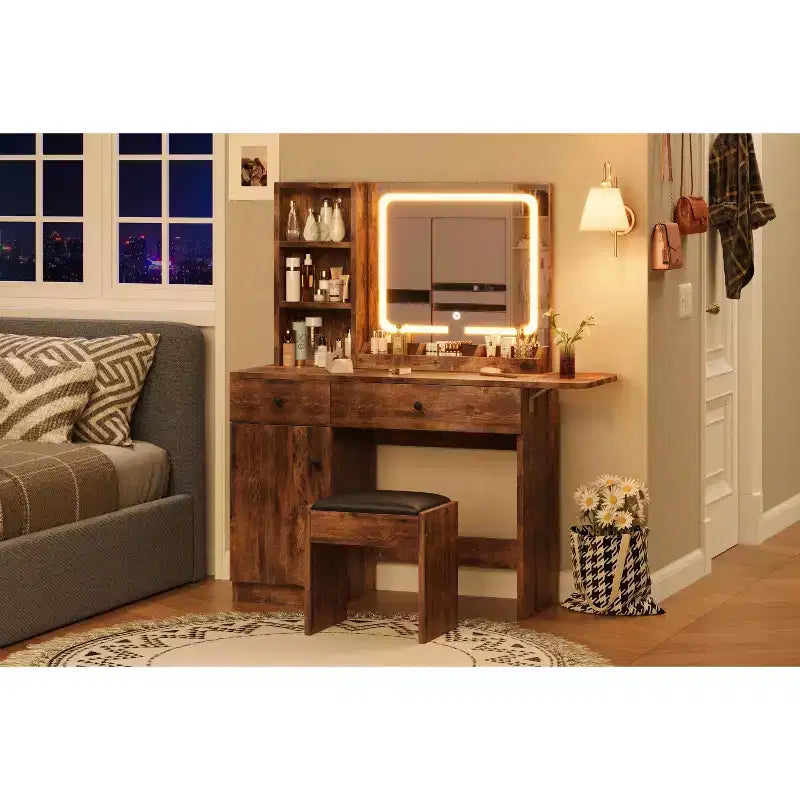 Makeup Vanity Desk with Mirror and Lights, Vanity Table Set with Drawer Chair & 3 Shelves, Bedroom, Brown