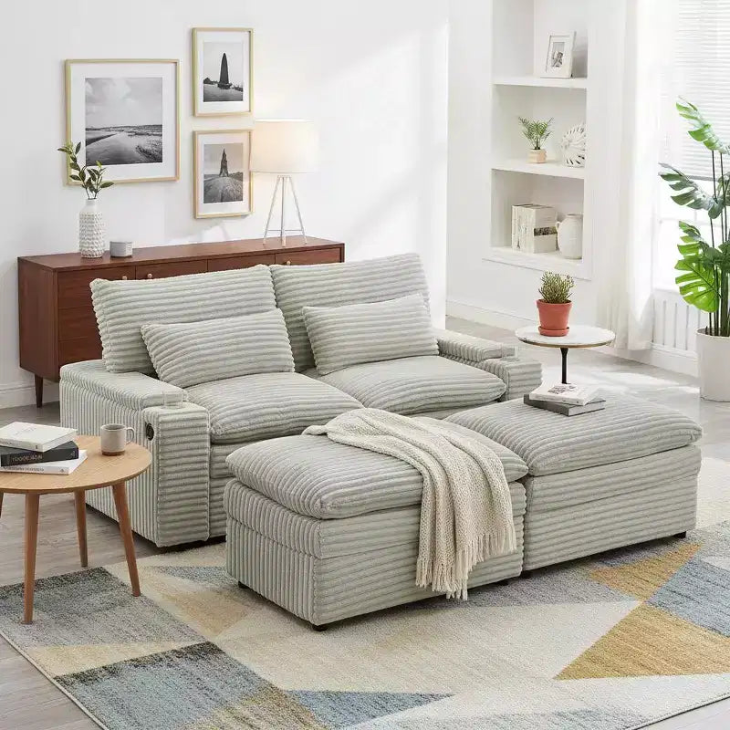 Modern Corduroy Loveseat Sofa with Two Movable Ottomans